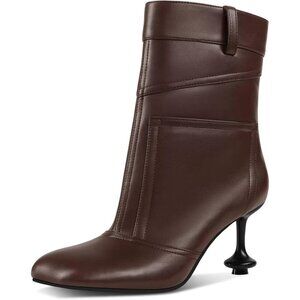 ⚡Women's Brown Ankle Boots Shaped High Heel Petal Shaped Toe Wide Calf Boots